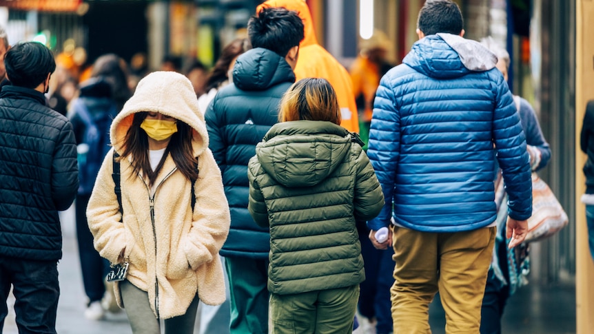 A woman wearing a mask and a fluffy cream jacket with a group of people wearing puffer jackets behind her.