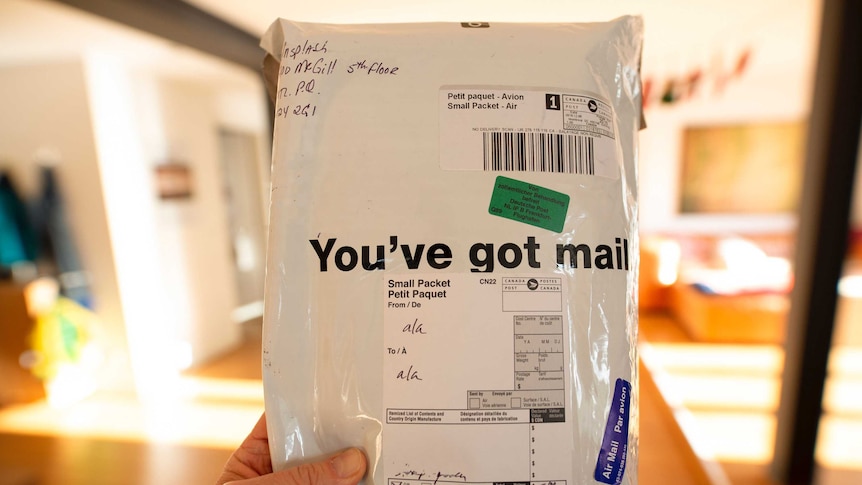A hand holds a parcel with 'You've got mail' printed on the front