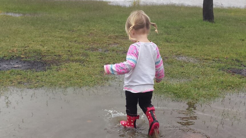 A little girl plays in a puddle.