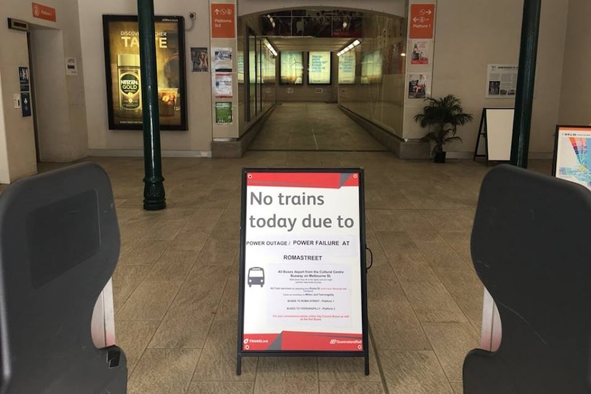Sign advising people looking to use trains from South Brisbane Station of a power outage