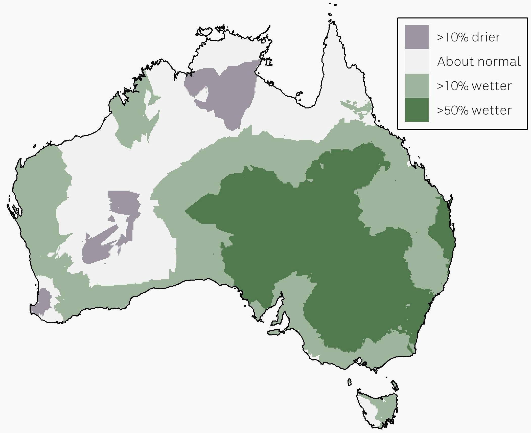 A map showing zones that a 50% wetter in the east, surrounded by areas 10% wetter WA and NT have areas or normal and 10% drier