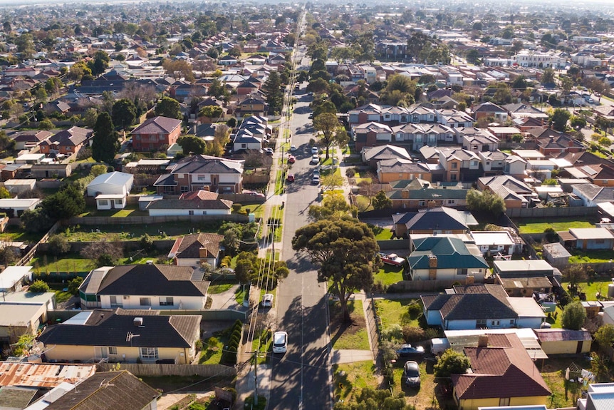 A drone shot of a residential street on the border of two suburbs.