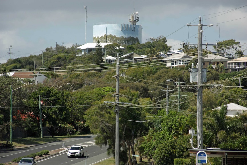 Peregian water tower on the hill viewed from several streets away