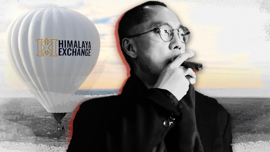 a man smoking a cigar with a hot air balloon reading himalaya exchange in the background