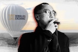 a man smoking a cigar with a hot air balloon reading himalaya exchange in the background