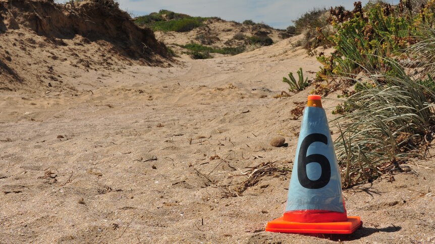 Orange cone marks the campsite in sand dunes were two backpackers were attacked.