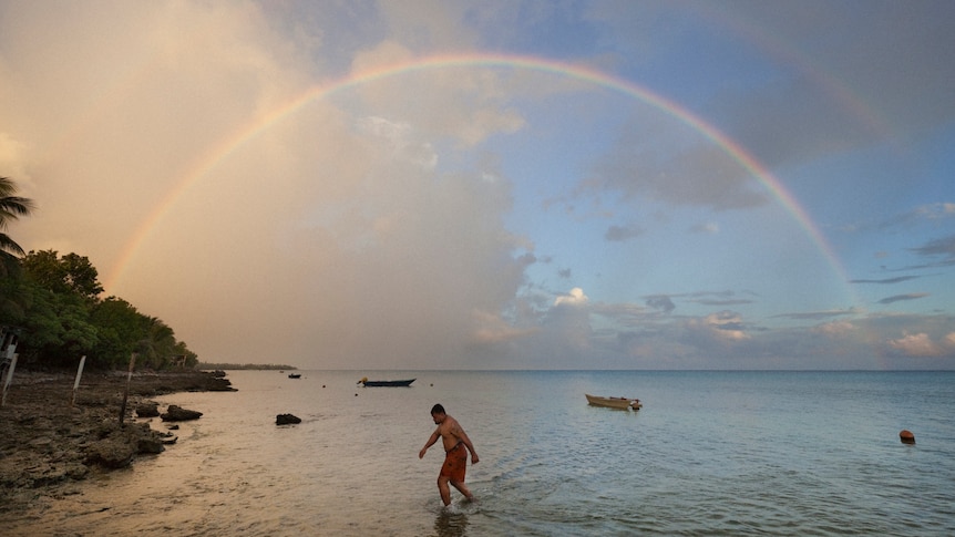 Rainbow in sky above Tuvalu