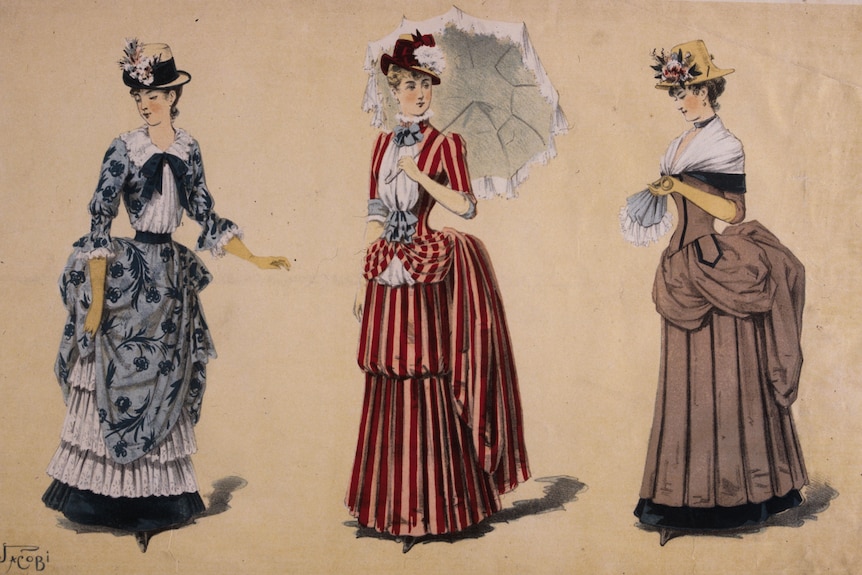 A colourful drawing of three women wearing flowing dresses that are puffed up with extra ruffles at their bottoms.