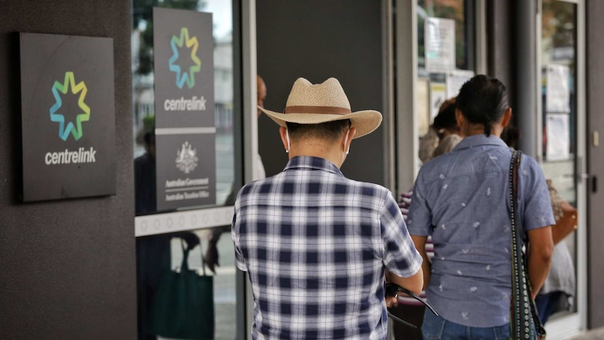 Queenslanders wait in line at Centrelink, 30th April 2020.