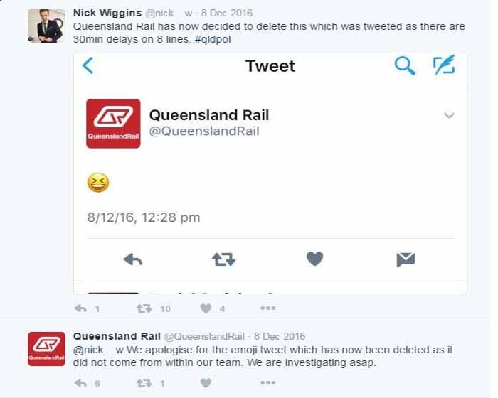 Amid commuter chaos late last year, Queensland Rail tweeted a picture of a laughing emoji.