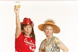 Jane Turner and Gina Riley in character as Kath and Kim (r-l).