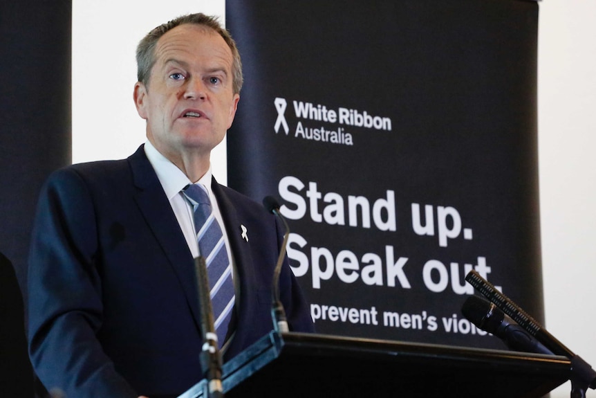 Opposition Leader Bill Shorten speaks at the White Ribbon Breakfast event