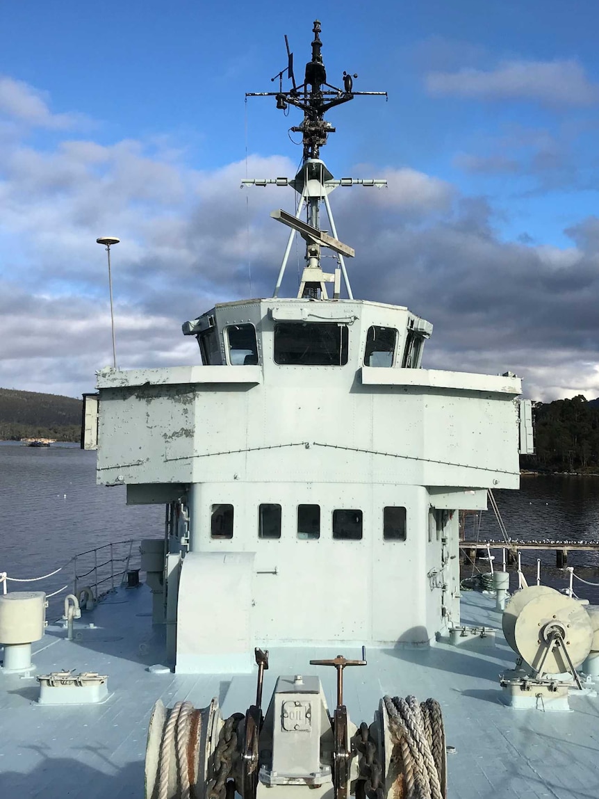 Former Royal Australian Navy minesweeper Curlew, view on deck to bridge.