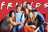The cast of Friends against a bright red background for a story about why we're obsessed with the Friends show reunion.