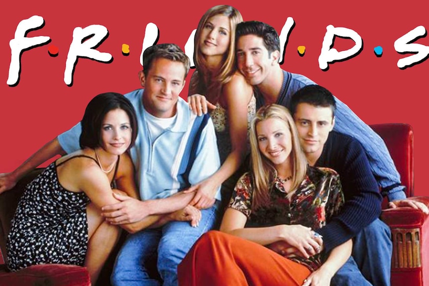 The cast of Friends against a bright red background.