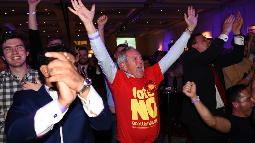 No supporters celebrate during Scotland referendum count
