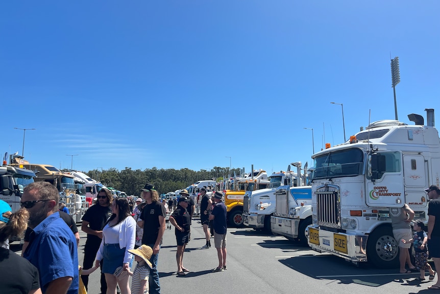 People viewing trucks parked in a row