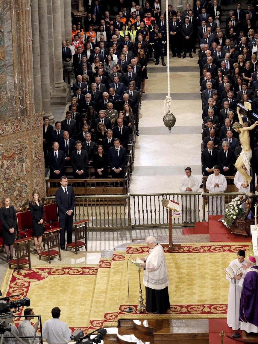 Spanish royals attend a memorial service for the victims of the train crash at Santiago de Compostela.