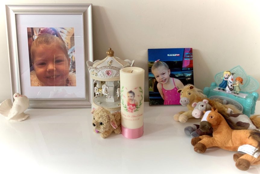Photos of a small girl with horses, teddies and other child-like memorabilia