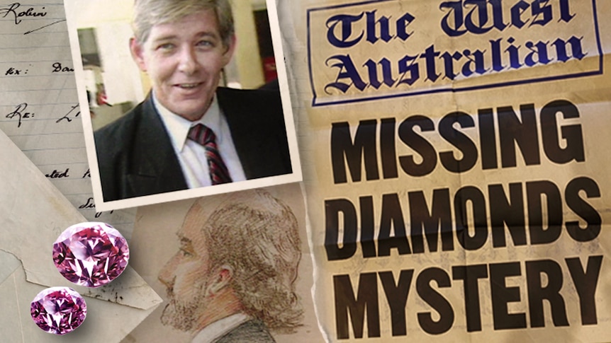 A composite image of pink diamonds, The West Australian newspaper headline: Missing Diamonds Mystery, and two pictures of men. 