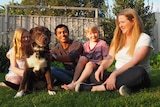 Two children, a teenager and mother sitting on grass patting the family dog