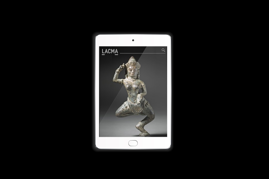 A white tablet shows photo of copper alloy Dancing Celestial Female (Apsaras) sculpture.