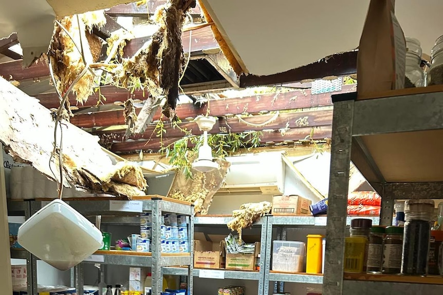 The roof torn off a building at Warrawagine Station by the passage of Cyclone Ilsa.