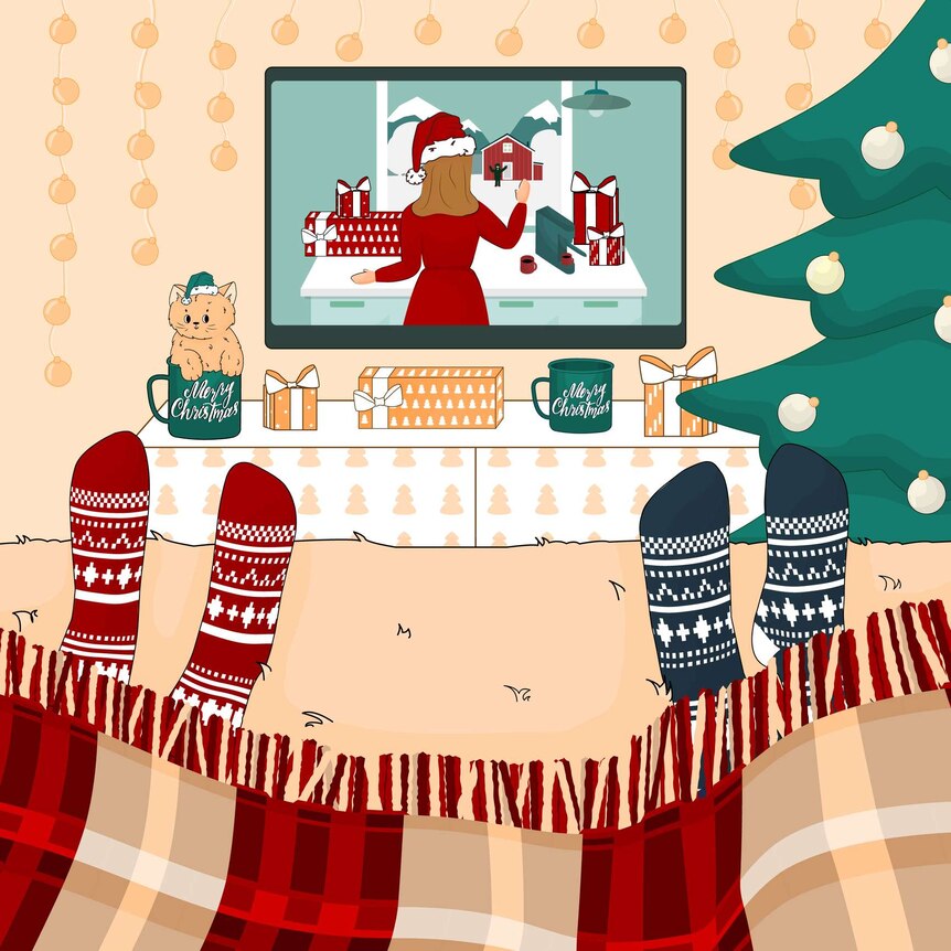 Cartoon image of watching Christmas movie in knitted socks, under plaid in Christmas decor room with green, red, peach colours.