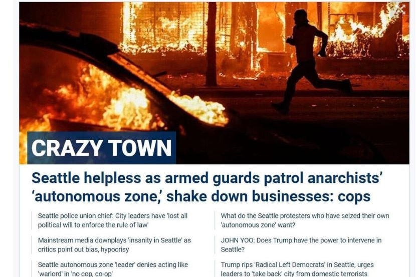 a photo of a man running past burning cars and buildings with the headline Crazy Town Seattle helpless as armed guards patrol