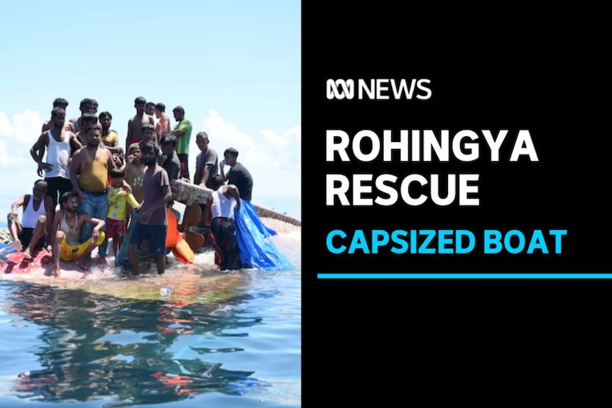 Rohingya Rescue, Capsized Boat: Dozens of refugees cling to an upturned boat in the water.