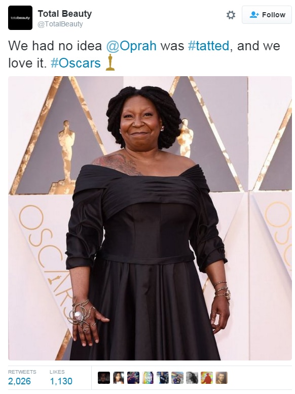 Total Beauty mistakenly tweeted a photo of Whoopi Goldberg, identifying her as Oprah Winfrey during the 2016 Oscars.