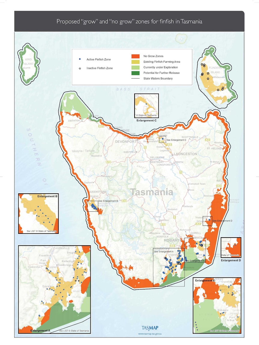 A map showing grow and no grow areas for salmon farming in Tasmania.