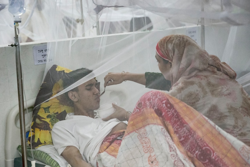 Indian woman feeding man in hospital bed 