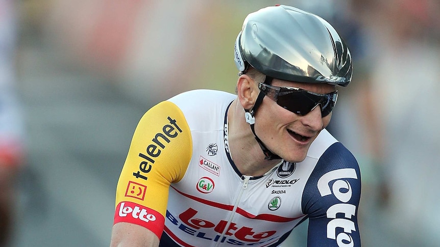 Winners are grinners ... Andre Greipel crosses the finish line to win the People's Choice Classic