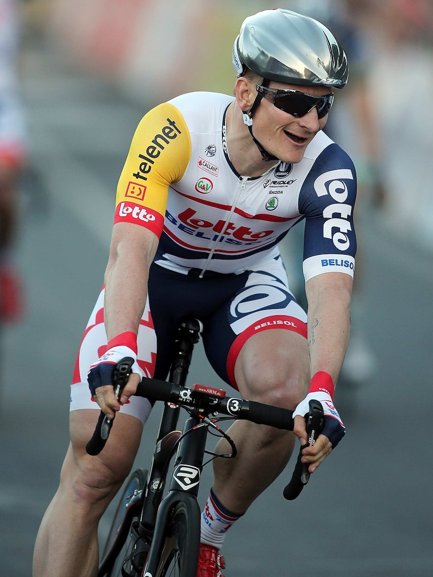 Winners are grinners ... Andre Greipel crosses the finish line to win the People's Choice Classic