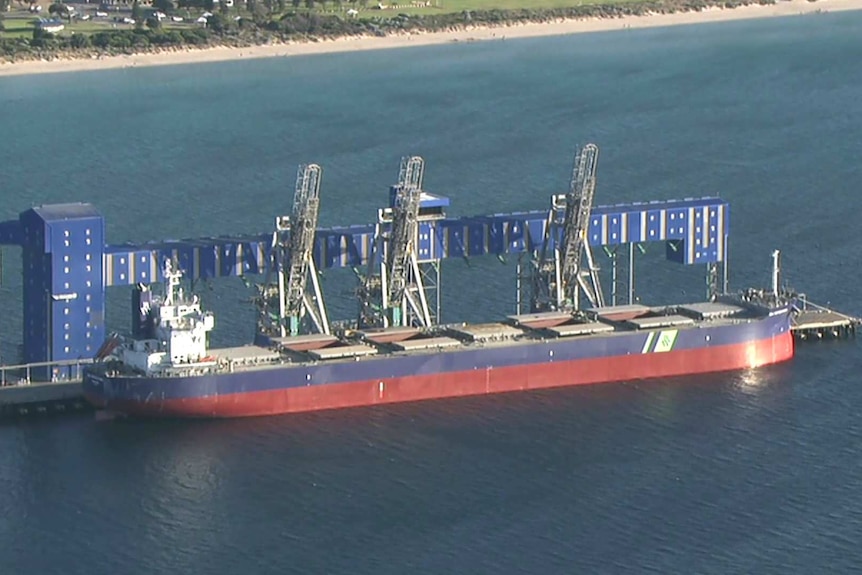 An aerial shot of the BM Matsuyama bulk carrier berthed at the Kwinana Grain Terminal.