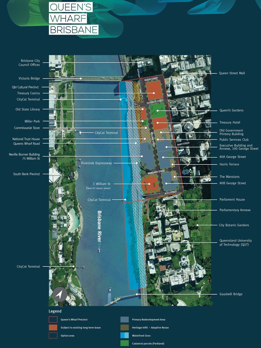 Map of Queen's Wharf development precinct in Brisbane CBD.
