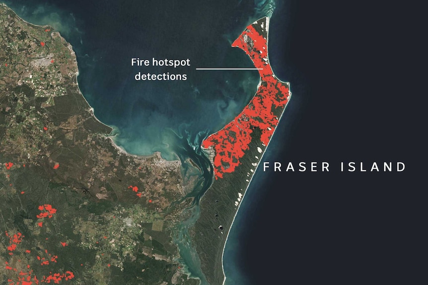 Map showing number of active fires on Fraser Island.