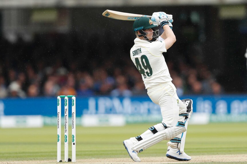 Steve Smith rocks back to hit a back-foot shot at Lord's Cricket Ground