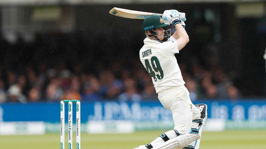 Steve Smith rocks back to hit a back-foot shot at Lord's Cricket Ground