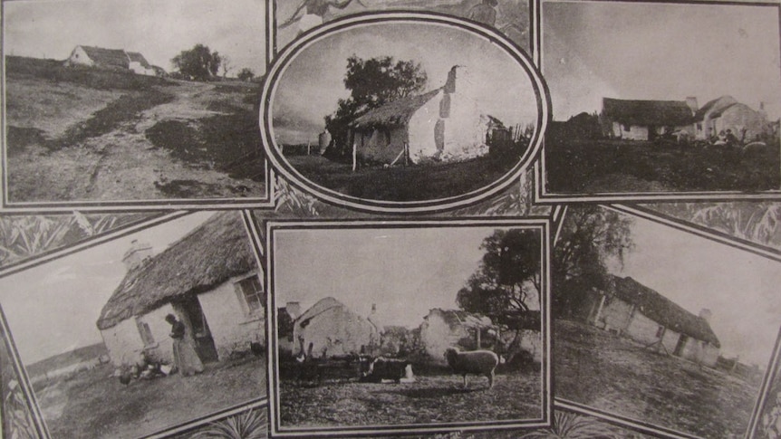 A series of photos in a newspaper showing old houses and farmland