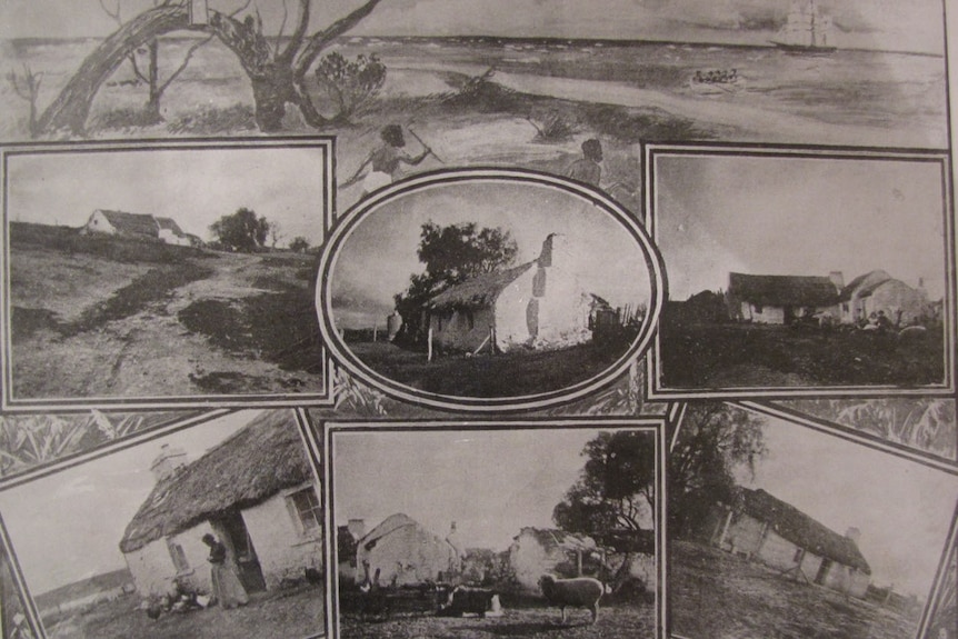 A series of photos in a newspaper showing old houses and farmland