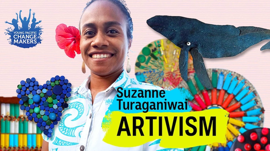Suzanne smiles to camera and is surround by a collage of her artwork made of ocean debris.