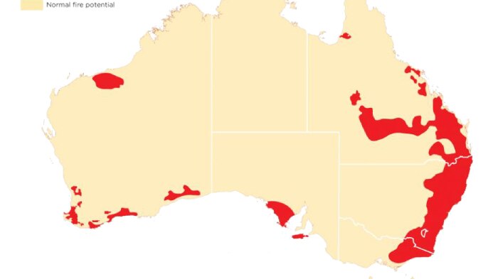 Map of Australia highlighting areas of above-normal fire risk.