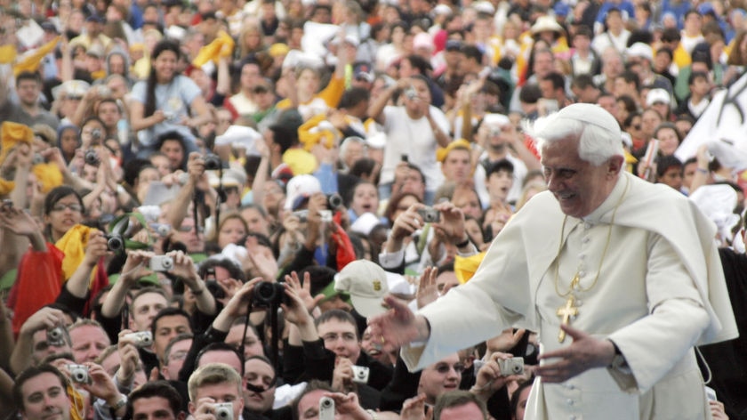 Pope Benedict addresses a youth rally crowd