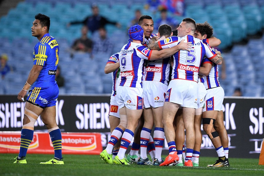Newcastle Knights celebrate try against Eels