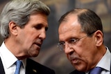 John Kerry speaks to Sergei Lavrov during their joint press conference in Moscow.