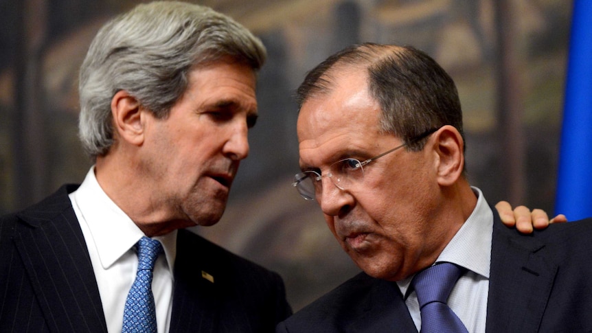 John Kerry speaks to Sergei Lavrov during their joint press conference in Moscow.