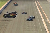 Two cars collide on the left of the track, allowing another car to come through to win online race.