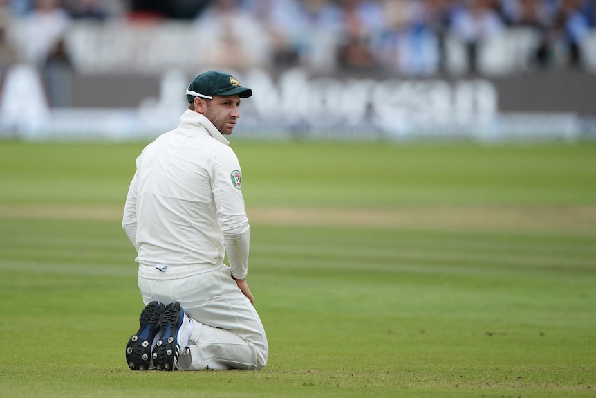 One of those days ... Phil Hughes looks on during day three at Lord's